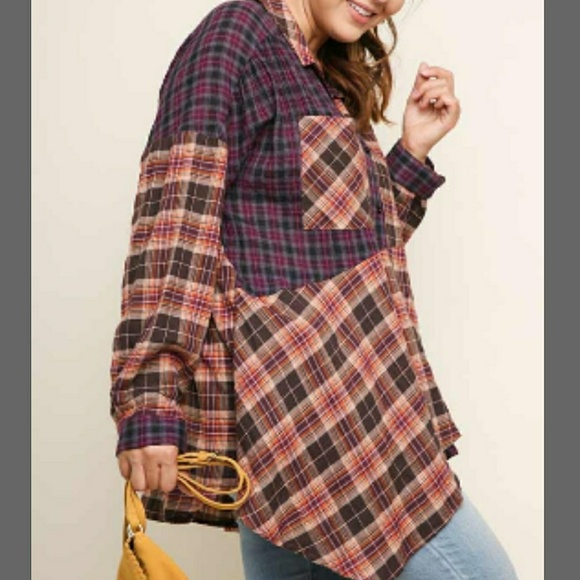 Umgee Asymmetrical Mixed Plaid Button Front Tunic - Picture 2 of 7